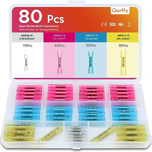 Gorffy Heat Shrink Butt Connectors, 80 PCS Crimp Connectors, 26-10 AWG Wire Connector Heat Shrink, Wire Crimp Connector Marine Grade Butt Terminals(Blue/Red/Yellow/White)