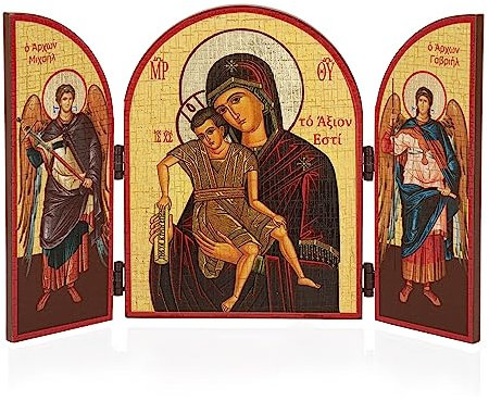 NKlaus Gottesmutter Würdig Ist Ikone Triptychon Holz 25x16cm Christlich 13831