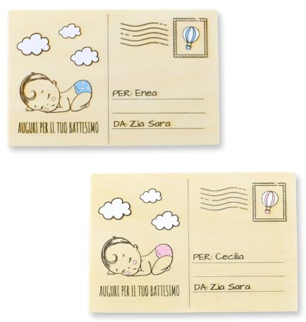 Biglietto auguri battesimo nascita Bimbo o Bimba - cartolina in legno - personalizzabile su fronte e retro con nome e dedica - idea regalo originale - portasoldi battesimo