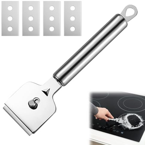 Glas-Keramikschaber, Ceranfeldschaber Metall, Schaber Ceranfeld mit 4 Stück Ersatzklingen, Edelstahl Ceranfeldschaber, für Reinigung von Backofen, Induktionskochfeld, Herd, Ceranfeld Kratzer Entfernen