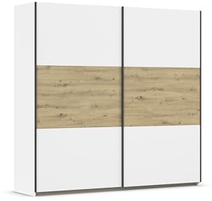 Rauch Möbel Neo, Schwebetürenschrank, Kleiderschrank, Kleiderschränke, Garderobe, Schrank mit Stauraum, 2-türig, Farbe Weiß-Eiche Artisan, Holz, 218x210x59cm