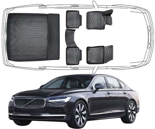 Trimak Passgenau 3D Fussmatten & Kofferraumwanne Auto Set Kompatibel mit Volvo S90 2016-2025 Auto Zubehör Gummimatten Kofferraumwanne Autos TPE Allwetter Geruchlos rutschfest