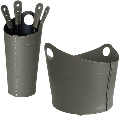 LIMAC Design NICAD: Set da Camino Moderno in Cuoio, composto Borsa portalegna, Sacca Porta-Ferri in cuoio e Set Attrezzi da Camino, Prodotto in Italia. Tortora
