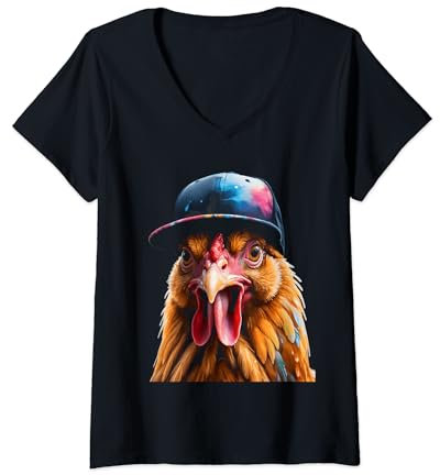 Damen Huhn Snapback Cap Henne Bunt Lustig Tier Design Print T-Shirt mit V-Ausschnitt