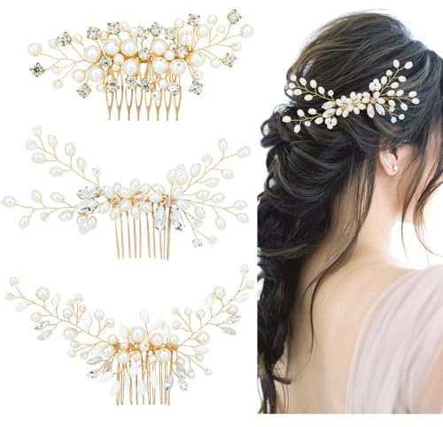 Dizila 3 Pieces Gold Metal Glitter Rhinestone Pearl Party Prom Wedding Bridal Hair Side Combs Slides Headpieces for Women Girls Brides Bridesmaids