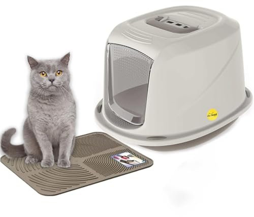 Cat Centre Katzenklo Mit Deckel Katzentoilette Mit Abdeckung Klapptür Mit Grauer Katzenstreu Matte Grau L 57 x 39,5 x 38 cm
