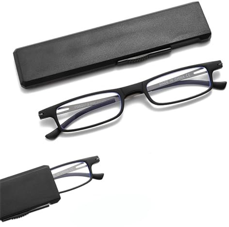 OWTXIS Ultradünne faltbare Lesebrille für Frauen Männer Kompakte TR90 Blaulichtblockierende Leser mit tragbarem dünnem flachem Etui (Schwarz, +3.00)