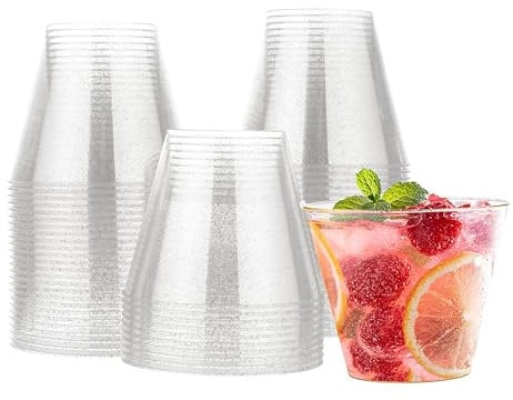 MATANA 30 Clear Hard Plastic Cups, Tumblers with Silver Glitter (255ml / 9oz) - Sturdy & Reusable - Birthdays, Weddings, Anniversary, Christmas, BBQ, Picnic, Parties