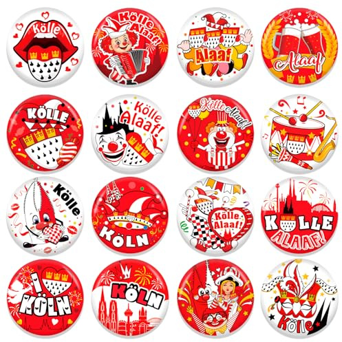 HOWAF 16 Stück Buttons Karneval Köln Accessoires, Köln Karneval Buttons Anstecker, Kölle Alaaf Button Pins Clown Rot Weiß für Karneval Kostüm, Fasching Kostüm, Faschingskostüme, Set A