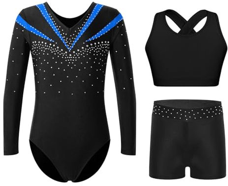 Oyolan Mädchen Kinder Turnanzug Gymnastikanzug Glitzernde Langarm Gymnastikbody mit Kurze Hose und Top Set Tanzkostüm Blau 134-140
