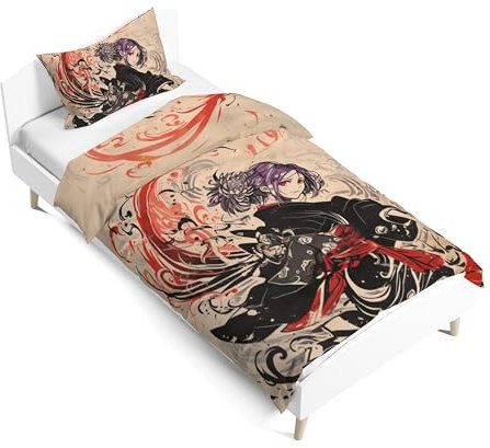 Zhongkaihua Tokyo Ghoul Bettwäsche-Sets, Kaneki Ken Kirishima Toka Thema, dekoratives Bettwäsche-Set und Kissenbezüge, Einzelbett, Baumwollbezug-Set für Schlafzimmer, Schlafsaal, 135 x 200 cm