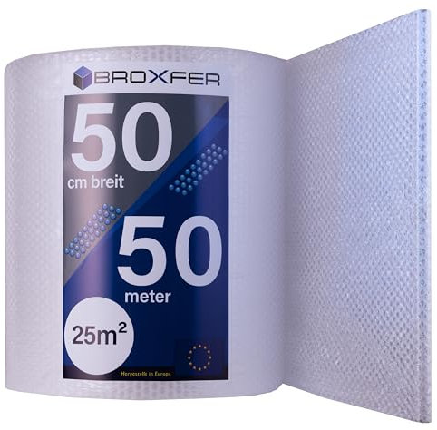 Broxfer Luftpolsterfolie Rolle 50cm x 50m Polsterfolie für Umzug/Versand 2-schichtig Verpackungsfolie Knallfolie LPF
