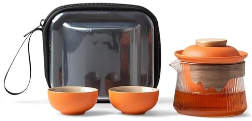 Tragbares Reise-Teeservice, Schwarzes Porzellan, Chinesische Kung-Fu-Teekanne Aus Glas Mit Teesieb, Mini, 1 Kanne, 2 Tassen, For Erwachsene, Tragbares Reise-Teeservice For Das Picknick(Orange)