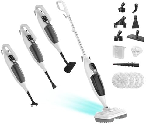 TORDER Scopa a Vapore, Scopa Vapore Lavapavimenti Multifunzionale, Pulitore a Vapore Portatile Multiuso, capacità 550 ml,13 Accessori Inclusi, Pulitore a Vapore Adatto a Tutti i Pavimenti(Bianco)
