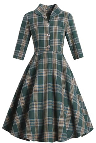 Robe maxi à carreaux à revers pour femme - Robe portefeuille vintage en coton à manches longues, EN8, S