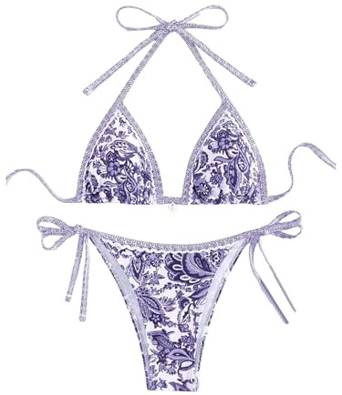 BYFINECANY Costume da bagno da donna con stampa floreale, scollo all'americana e motivo paisley, set bikini estivo, Viola, S