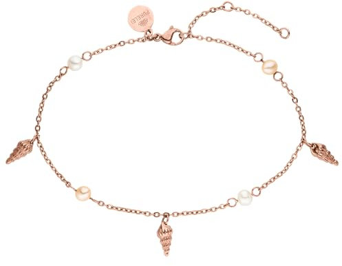 Purelei® - Akala Fußkettchen Damen – Edelstahl 18K vergoldet/rosé/silber – Mit echten Süßwasserperlen & Muschelanhängern – Verstellbar 21–25 cm – Sommerliches Fußband (Rosegold)