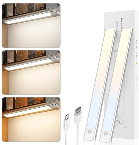 Macchiatto 2 Piezas Luz LED Armario Recargable USB-C 2200mAh, Magnética y Regulable con 3 Tonos (3000K/4000K/6500K), con Sensor de Movimiento para Cocina, Escalera, Dormitorio, Pasillo (41CM)
