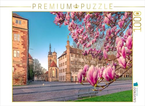Puzzle · Magnolienblüte in Stuttgart und die Stiftskirche | Magolienblüte in Stuttgart , im Hintergrund die Alte Kanzlei und die… · 1000 Teile · Lege-Größe 64 × 48 cm · CALVENDO Puzzle