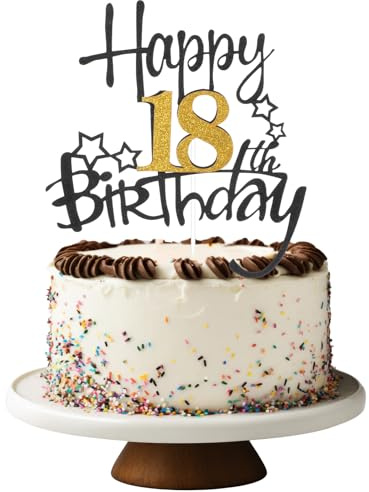 1Pcs 18th Birthday Cake Toppers, Black Gold Glitter Happy 18 Cake Topper and Cheers to Birthday Themed Party Decor for Girls Boys, Black Gold Glitter Cakes Decorations