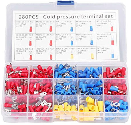 280 Pcs Insulated Electrical Terminal Assortment, Copper Fork Ring Spade Connectors with PVC Insulation, Color Coded Terminals for Automotive, Industrial Wiring