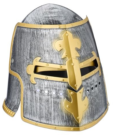 Relaxdays Ritter Helm, mit klappbarem Visier, für Fasching & Karneval, Mittelalter Topfhelm, Kunststoff, Silber/Gold