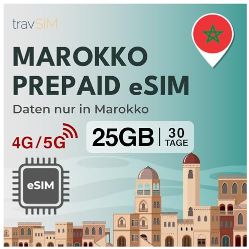 travSIM eSIM Marokko 25 GB Daten 30 Tage 4G/5G Prepaid Reise | Einfache Einrichtung per QR-Code | Nur Internet, ohne Telefonnummer | Anrufe über WhatsApp & Skype | Landesweite Abdeckung
