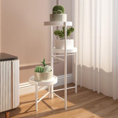 RONIPIC 3-Tier Metal Plant Stand, Rotatable Adjustable Angles for Different Pot Sizes, Rust-Resistant Spray Painted Surface, No Screws Needed, Perfect for Indoor Windowsills & Outdoor Patios, White