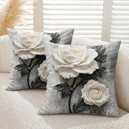 Gemdoit Cushion Covers 45 x 45 – Pack of 2 Decorative Rose Print Sofa Covers with Invisible Zipper, Super Soft for Living Room, 18 x 18 Inch