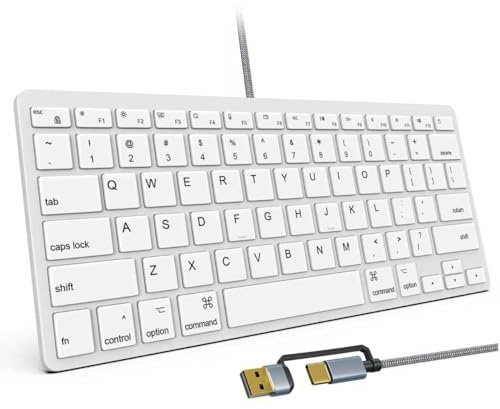 78-Tasten-Kompakt-Tastatur mit Kabel für Mac, USB A/USB C Plug-and-Play, ultraschlanke USB-Mini-Tastatur – US QWERTY-Layout, kompatibel mit Apple MacBook, iMac, Mac mini/Pro, Laptops, PCs, weiß
