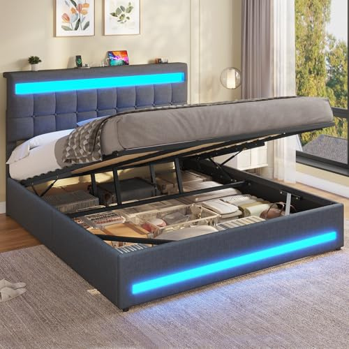 AOGLLATI Lit Coffre 180×200 avec LED, Ports USB et Rangement hydraulique | Lit Double Rembourré avec tête de lit réglable en Hauteur, Sommier à Lattes, Facile à Assembler, Lin Gris Foncé(sans Matela)