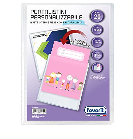 Favorit, Portalistini Personalizzabile, 20 Buste Lisce, Tasca Frontale, 22 x 30cm, Trasparente