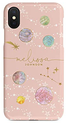 Tirita Personalised Initials Custom Hard Phone Case Compatible with iPhone Xs Max PRINTED GLITTER, NOT REAL GLITTER Space Stars Moon Planets Baby Pink Gold Constellation