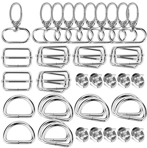 VINFUTUR 40 Pezzi 25mm Fibbie Metallo Accessori Fai da Te 10pz Anello D + 10pz Tri Glide + 10pz Ganci Girevole a Moschetttone + 10pz Bottoni Magnetici per Cucito Tracolla Zaino Borse Craft Argento