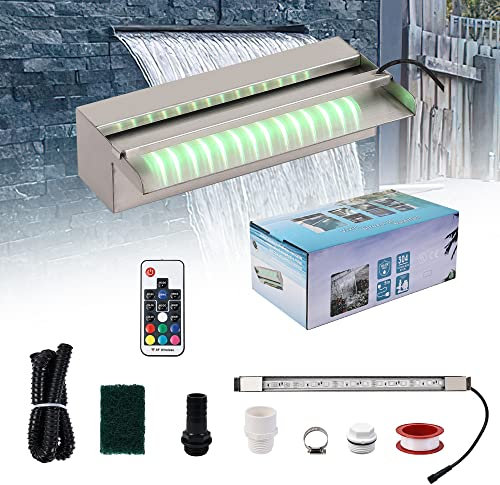 YUDA 30,5 cm LED-Pool-Wasser-Überlauf mit 7 farbwechselnden LED-Streifen, Edelstahl-Teichbrunnenbeleuchtung für klaren Abstieg PSC300