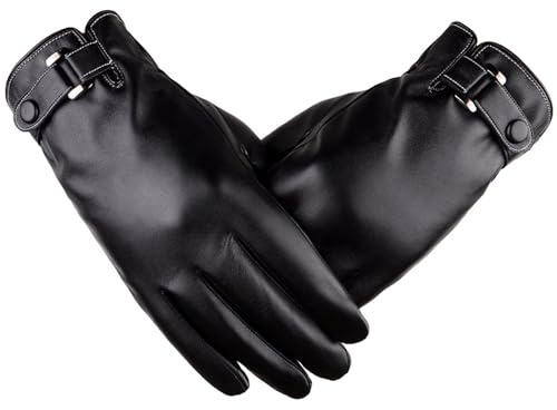 YUEMING Men's Leather Winter Gloves - Touch Screen With Warm Inner Fleece, Black Faux Leather Mittens for Cold Weather, Outdoor Driving, Riding, Skiing