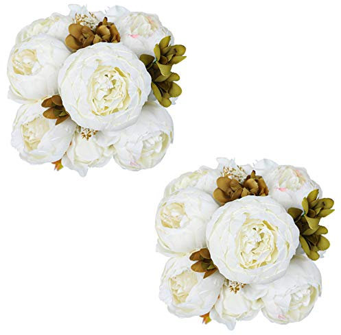 Tifuly 2pcs Artificielle Bouquets De Pivoines, Réaliste Pivoines De Soie Faux Bouquet De Fleurs pour La Maison De Mariage Bureau Fête Décoration, Arrangements Floraux（Blanc）
