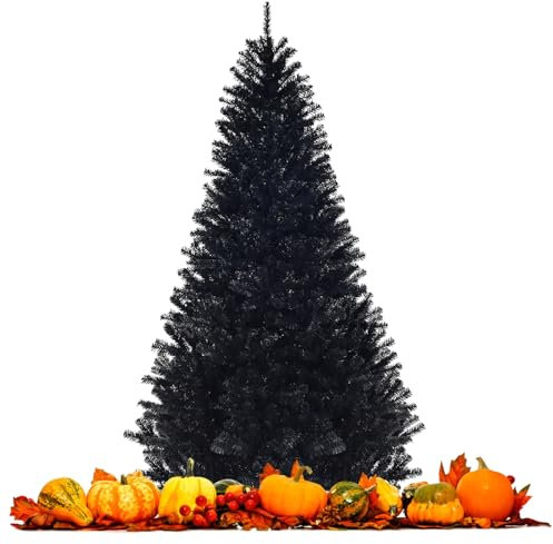COSTWAY Albero di Natale Nero 180/225 cm, Albero di Natale con 1036/1258 Rami Folti e Base di Metallo con Cuscinetti Antiscivolo, Albero di Natale Realistico per Halloween (225 x Ø131cm)