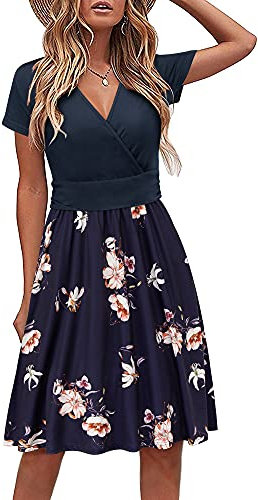 STYLEWORD Damen Sommerkleid Kurzarm V-Ausschnitt Kleider Blumenmuster Kleid Strandkleid Mit Taschen(floral05,Groß)