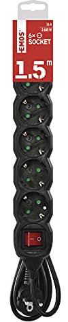 EMOS - 6-Fach Steckdosenleiste 1,5m - mit Schalter - 6 Schuko-Steckdosen 45° gedreht - 250 V, 16 A, 3680 W - PVC-Isolierung - H05VV-F3G 1,5 mm2 - erhöhter Berührungsschutz - IP20 für Innen - schwarz