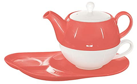 Buchensee Tea for One Lena 500ml aus Crystal Bone China Porzellan in coralrot. Teekanne + Teetasse + Untertasse mit praktischen Ablageflächen