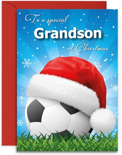 Olivia Samuel Fußball-Weihnachtskarte für Enkelsohn – glänzend, mittelgroß, A5-Format, 148 mm x 210 mm, mit Haftklebeumschlag