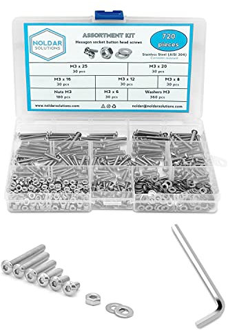 NOLDAR | Surtido de tornillos allen con cabeza botón, tuercas hexagonales y arandelas planas. Kit tornillería de acero inoxidable de 720 piezas. Métrico M3. Longitudes desde 6 mm hasta 25 mm.