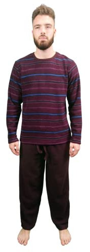 Kruxader Pigiama Invernale da Uomo, a Righe, in Caldo Pile, A Righe Bordeaux., XXXXL