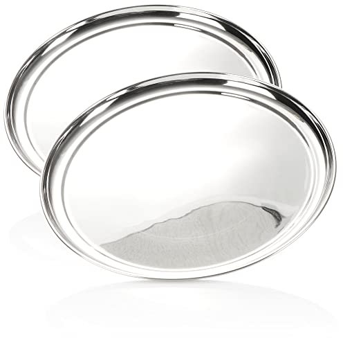 COM-FOUR® 2X Bandeja de Acero Inoxidable - Bandeja Redonda para Servir y Decorar - Bandeja para Servir Brillante (2 Piezas - Alrededor de 33 cm con Borde)
