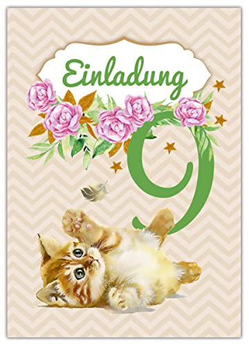 Junapack 12 Einladungskarten zum 9. Kindergeburtstag neunte Geburtstag Mädchen Katze