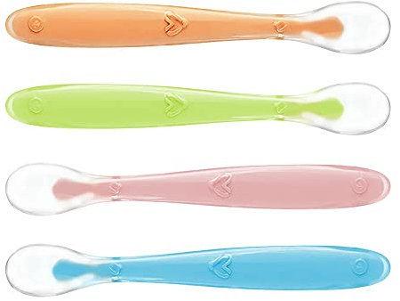 Cuchara Bebe 4 Meses, RosyFate Silicona Cucharas de Aprendizaje para Bebé, Extremo Flexible, 4 Piezas