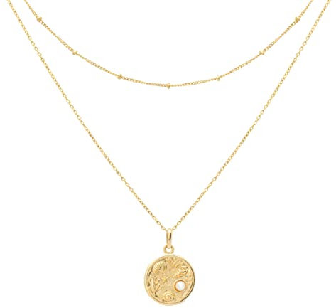 float Damen Gold Halskette Zweireihige Layering Kette mit Korallen Pearl Anhänger 18 Karat vergoldet - Länge verstellbar