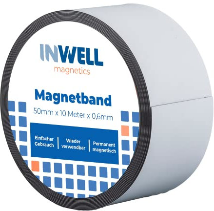 Inwell - Magnetband 50 mm in Farbe weiß auf Rol | 10 meter | NICHT Selbstklebend | Beschreibbare weiße Vinylschicht | Starker Magnetkraft | Magnetstreifen