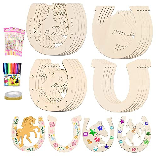 Scheiben Hufeisen, 24 Stück Holz Hufeisen Basteln, Holzhufeisen Handwerk, Holz Hufeisenfür Kinder, Scheiben in Hufeisenform und Sticker mit 12 Aquarellstift und 2 Glitzerband für DIY Dekoration